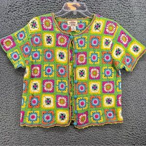 Vtg Cardigan Sweater Medium S/S Patchwork Crochet Grannycore Boho Cottagecore